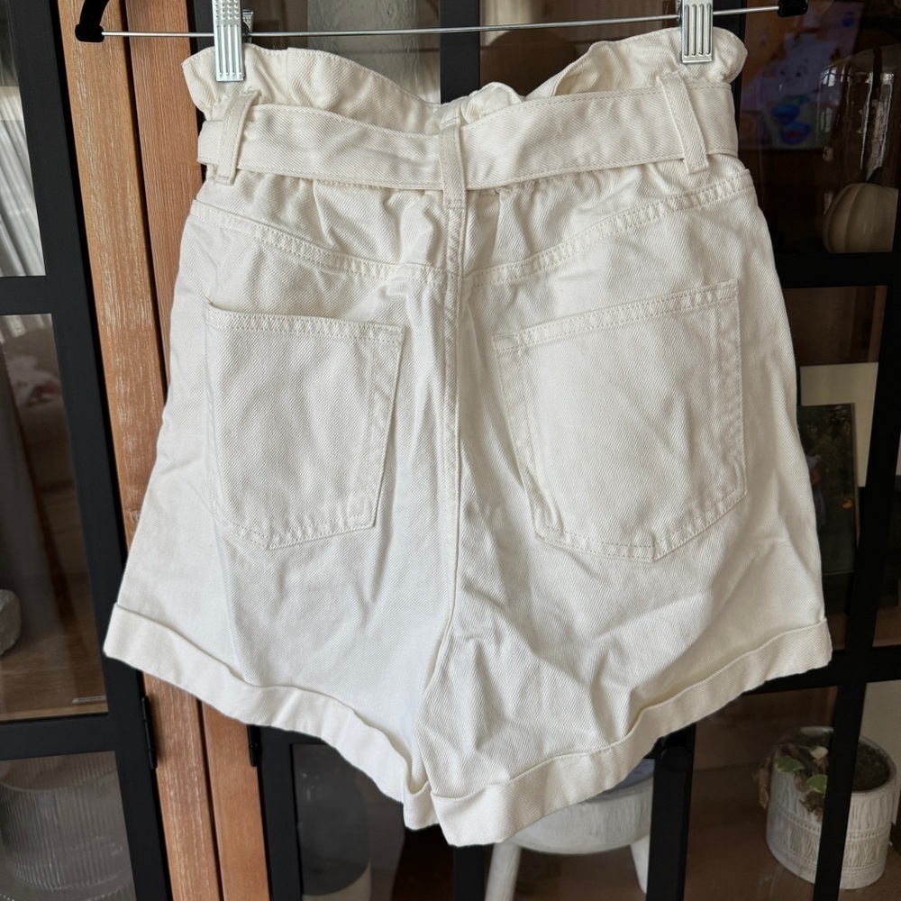 H&M denim shorts paper bag waist high rise jeans ivory pockets tie adjustable - Picture 2 of 7
